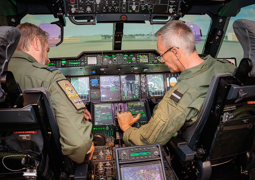 Air Commodore Morgan, at the controls of the Atlas (A400M) simulator, in the righthand seat.